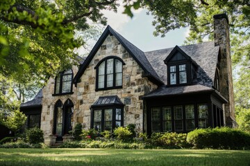 A breathtaking stone house featuring a striking black roof and expansive windows, beautifully enveloped by vibrant, lush greenery in the daylight