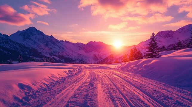Snow-covered mountain pass with tire tracks, dramatic peaks surrounding the icy road under crisp winter sunlight