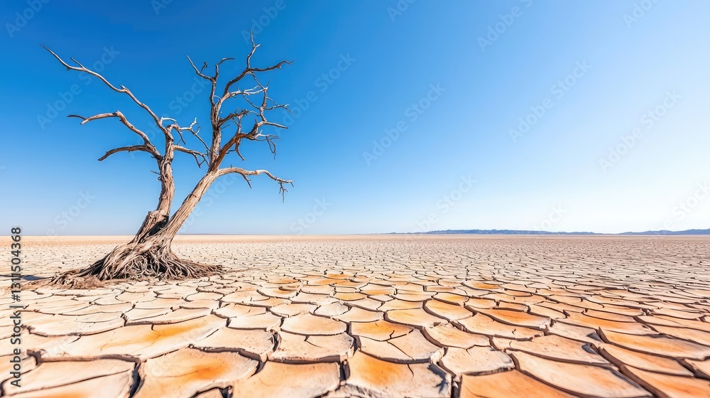Poster climate change drought idea. a striking view of a dry landscape with a solitary tree against a clear