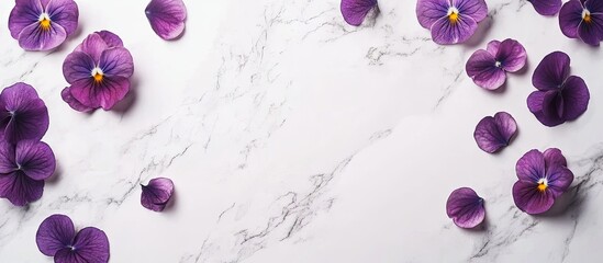 Purple horned pansy petals arranged on a white marble background with a blank frame positioned on the right for heartfelt condolence messages.