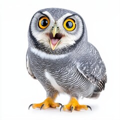 Fototapeta premium Majestic grey and white owl with striking yellow eyes posing elegantly against a pure white background