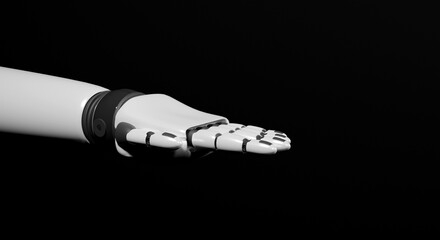 Robot hand in white and black colors on a black background, part of the hand, 3D model