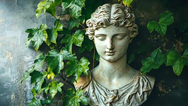 An elegant classical marble bust of a woman surrounded by lush green ivy against an aged textured wall, evoking a timeless and artistic atmosphere. 4K video