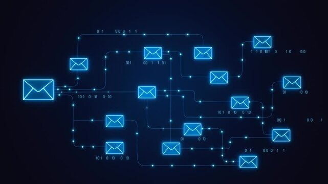 E-mail communication, mail server, data exchange. Business e-mail transfer, bit and byte, data. 3D animation