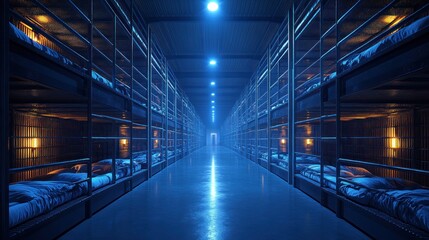 Futuristic bunk beds hallway at night