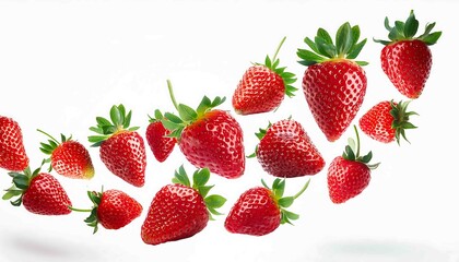 The image depicts fresh strawberries on a white background, showcasing their vibrant red color and juicy texture in a clean, natural, and healthy setting