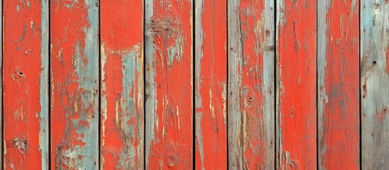 Vibrant red and distressed blue wooden wall texture with vertical planks showcasing weathered paint and natural wood grain patterns.