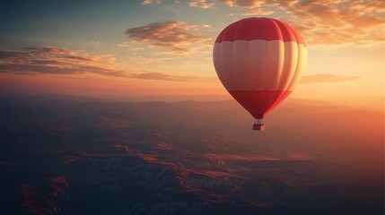 Obraz premium Hot air balloon flying over a mountain landscape during a clear blue sky