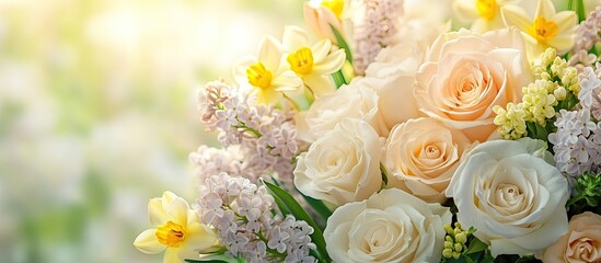 Close up of a lush floral bouquet featuring soft white roses, delicate lilacs, and vibrant yellow narcissus against a blurred green background.