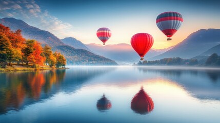 Fototapeta premium Two colorful hot air balloons floating peacefully over a serene lake during a clear blue sky
