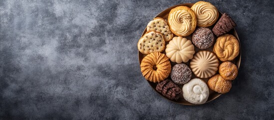 Assorted Eid Al Fitr sweets arranged on a dark textured surface featuring various cookies and biscuits with space for text on the right