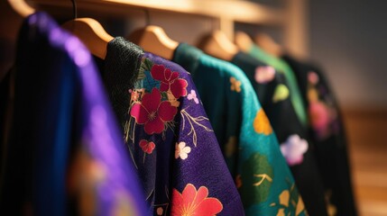 Naklejka premium Kimono with vibrant floral patterns displayed on a wooden rack