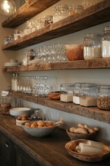 Floating Shelves in DIY European Farmhouse Rustic Kitchen with Gray Lime Wash Wall