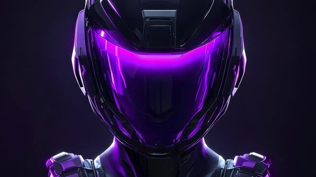 A 3D design of a futuristic female soldier with tactical armor, glowing purple accents on an abstract black and purple background.