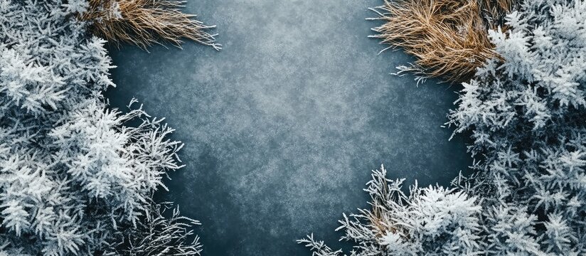 Aerial view of a frozen swamp in winter featuring frosty grass on a cold blue surface with natural textures and minimal white frost accents