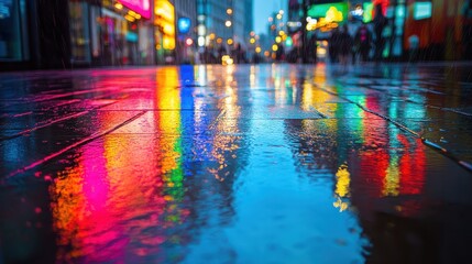 Obraz premium Vibrant City Street Reflections In Rain At Night