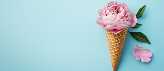 Ice Cream Cone with Pink Peony and Green Leaf on Light Blue Background, Featuring a Soft Pink Petal and Clear Space for Text