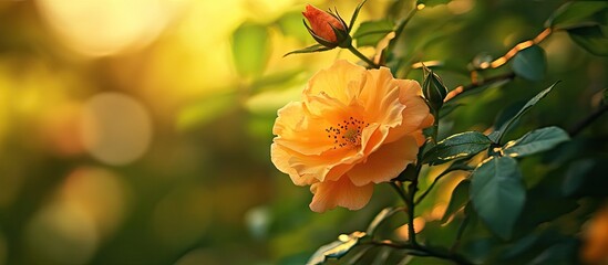 Golden-yellow rose flower in bloom, surrounded by lush green leaves and soft bokeh background, with light illuminating petals from the side.