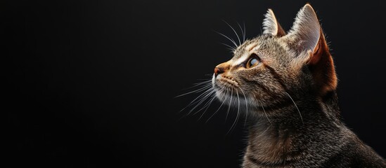 Curious small tabby cat with vivid green eyes gazing upwards against a dark black background highlighting its expressive features and whiskers.