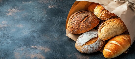 Assorted healthy breads in a paper bag on a textured dark blue background with space for text, showcasing a fresh supermarket shopping concept.