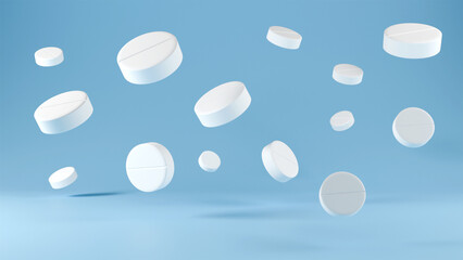 3D model of white tablets on a blue background, tablets, medical