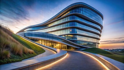 Fototapeta premium Curving Glass Facade Office Building at Dusk with Landscaped Walkway