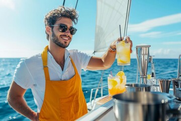Male waiter with cocktails on catamaran boat sailing in the sea in sunny day