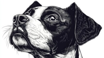 A captivating close-up of a medium-sized dog's head in exquisite black and white; eyes expressive, muzzle detailed, capturing subtle emotion as it tilts slightly to the left
