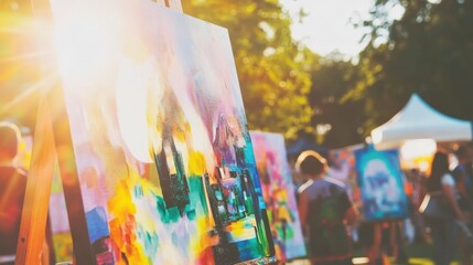 People enjoying a local art festival, admiring vibrant paintings and sculptures displayed outdoors under natural light