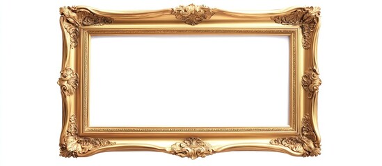 Ornate golden wooden picture frame centered on a white background featuring intricate carvings along the borders and a polished finish