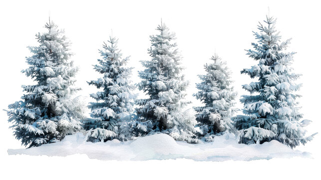 winter christmas trees landscape in watercolor style isolated on white or transparent png