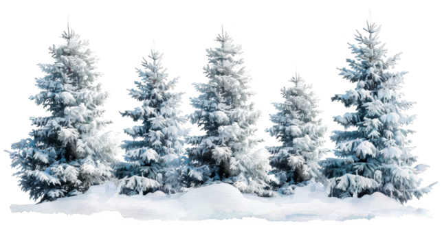winter christmas trees landscape in watercolor style isolated on white or transparent png