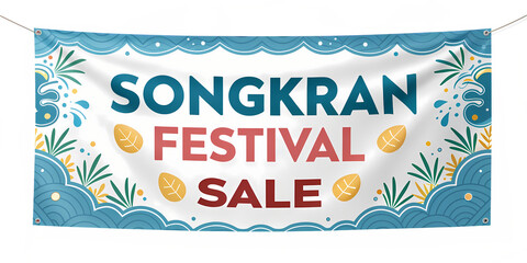 Songkran festival sale banner, water-themed graphics, and bold fonts, transparent background