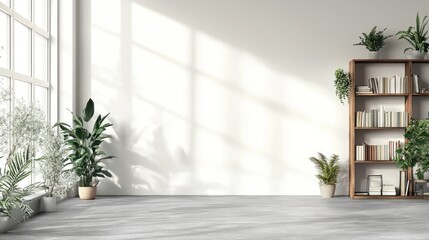 Sunlit minimalist room, plants, bookshelf, books, interior design, home decor