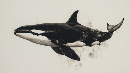 Obraz premium A striking black-and-white illustration captures a graceful whale gliding to the left. With its elongated, pointed snout and elegant, arched tail, the sleek black form exudes mystery and movement