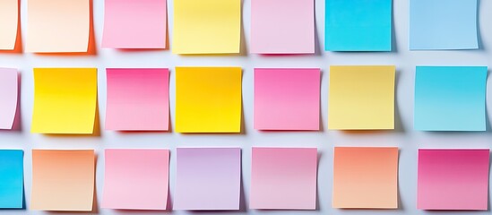 Colorful gradient sticky notes in rows of pastel shades including pink, yellow, and blue arranged neatly against a clean white background.