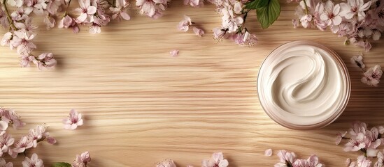 Fototapeta premium Cosmetic cream in a glass jar with a smooth texture surrounded by pink cherry blossom flowers on a natural wooden background
