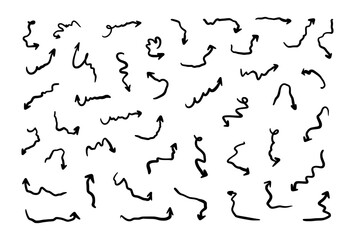 Squiggly arrow doodle set. Hand drawn vector line fun playful bounce icons, black jump thick motion design elements. Movement symbol