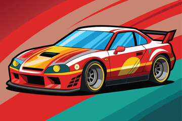A sleek race car design showcases customizable elements against a colorful, energetic backdrop, Race car Customizable Flat Illustration