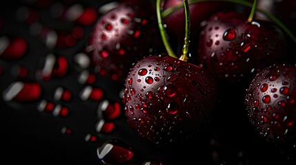 Water droplets on red cherries, black background, in the style of  dark silver and dark maroon, applecore