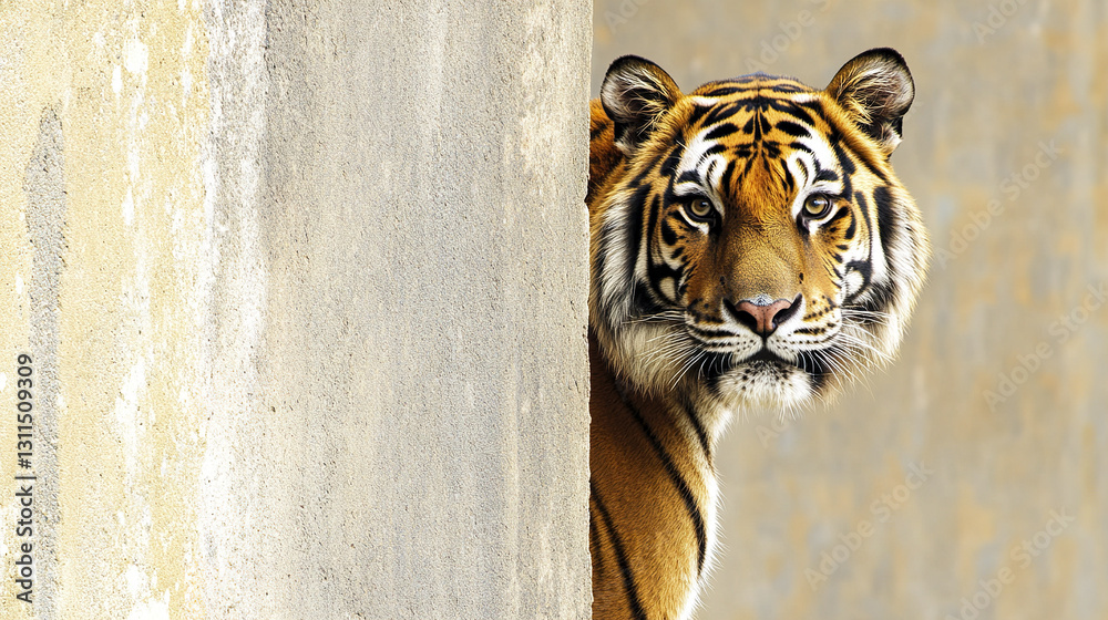 Canvas Prints tiger peeking from behind wall with curious expression