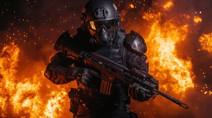 A soldier in tactical gear stands amidst flames, holding a rifle in a dramatic pose.