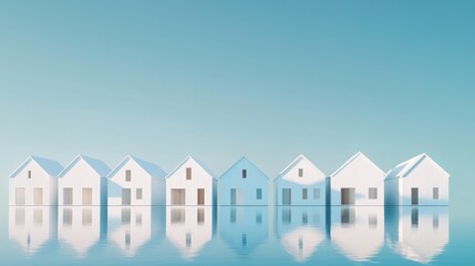 Coastal houses reflect in calm water, minimalist design