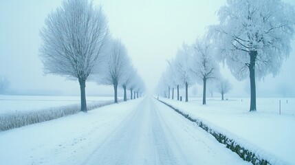 Snowy road lined with frosted trees leads into a foggy, wintery horizon