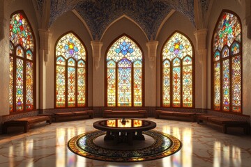 Ornate palace interior with stained glass windows