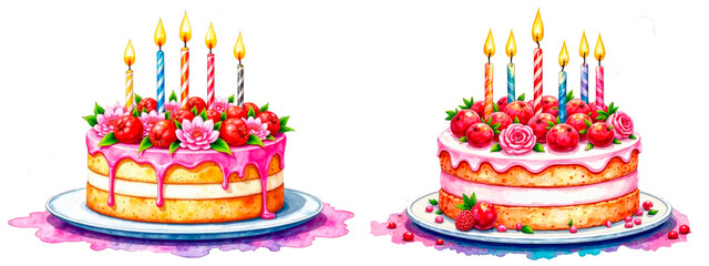 Watercolor illustration of a festive cake with candles and flowers on a white background. A delicate and artistic dessert painting, perfect for invitations, menus, packaging.