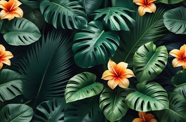 Background with tropical leaves and exotic flowers. A lush and exotic botanical composition, perfect for branding, packaging, textiles and web design. A banner with tropical green leaves.