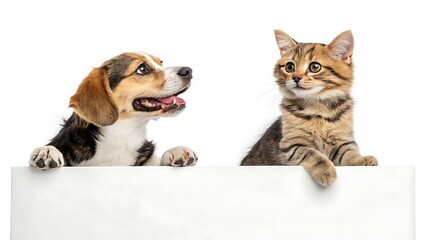Playful Dog and Cat Peeking Over a White Website Banner