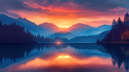 Obraz premium Vibrant Sunset Over a Calm Lake with Mountain Reflections