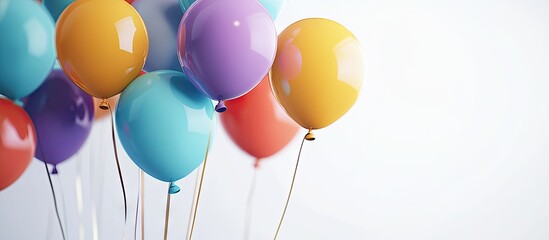 Colorful balloons in various pastel shades including pink, purple, yellow, blue, and red clustered together on a light white background.